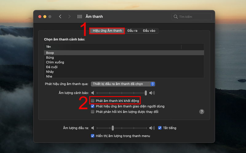 Chọn Hiệu ứng &acirc;m thanh sau đ&oacute; t&ugrave;y chỉnh tắt, bật &acirc;m thanh khởi động